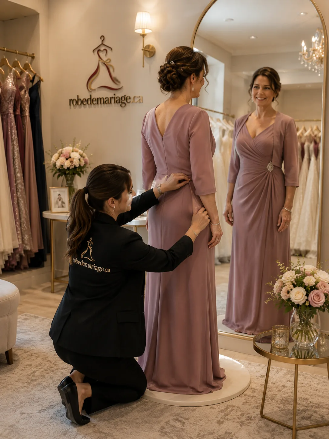 Ajustement d'une robe de mère des mariés devant un miroir